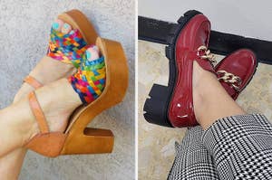 Two photos side by side, one showing feet in colorful strappy heels, the other in glossy loafers with houndstooth pants