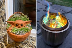 baby yoda chia pet and colorful fire with blue green and orange