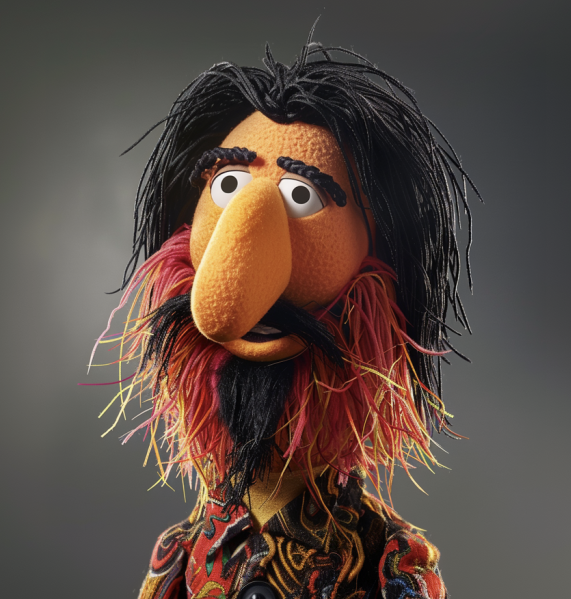 Muppet in a patterned shirt, with long dark hair, a multicolored beard, and a large nose
