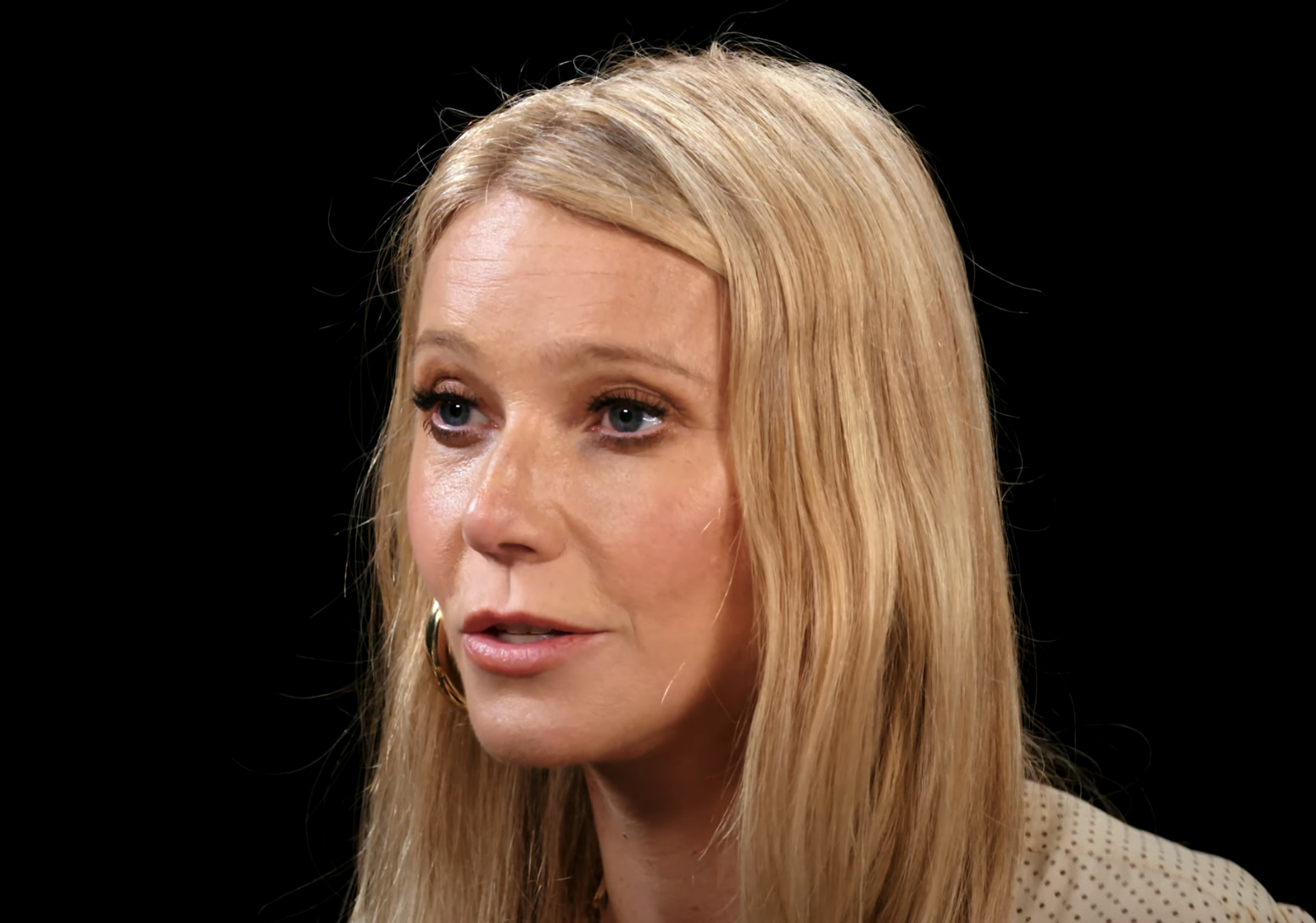 Close-up of Gwyneth Paltrow wearing a top with a dotted pattern