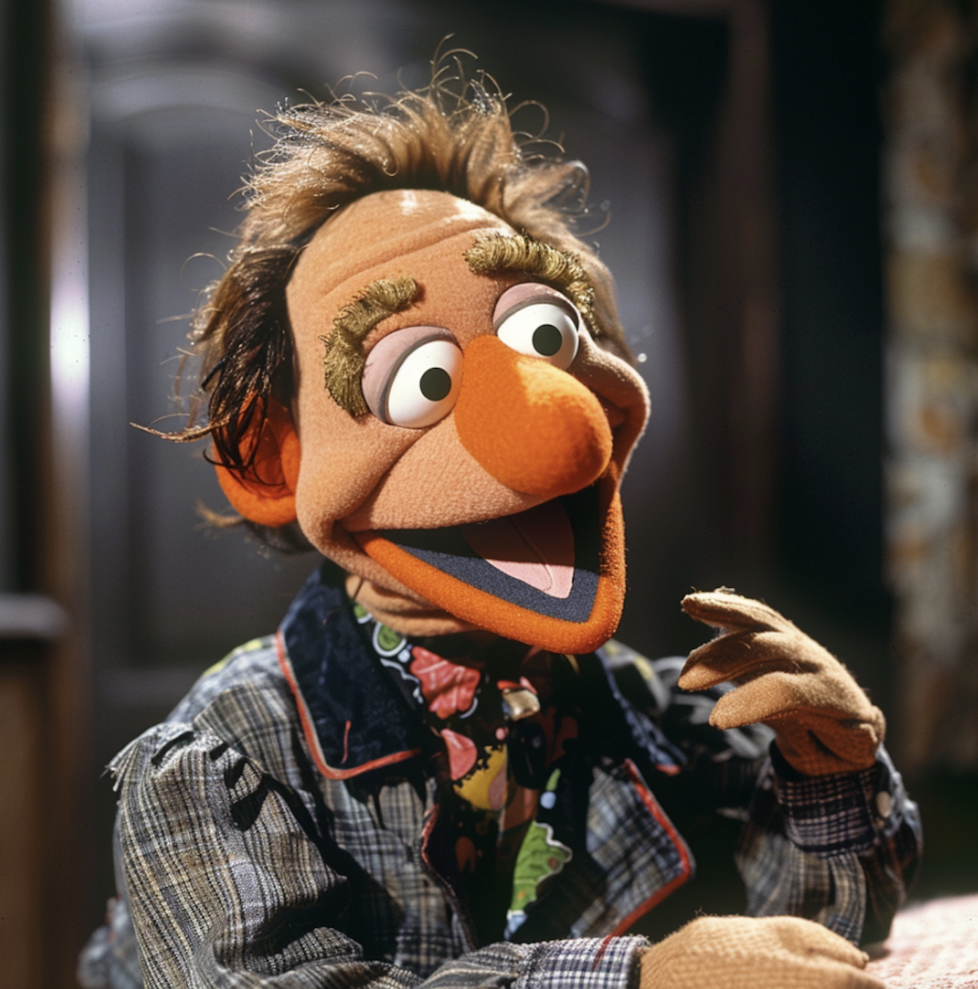 Muppet wearing a plaid jacket and a paisley tie, smiling
