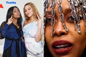 Beyoncé and Yvette Noel Schure posing together vs a closeup of Erykah Badu wearing a grill and a silver headpiece