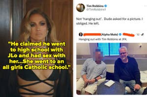 Composite image: Left side, Jennifer Lopez in makeup; right, tweet about a man and Tim Robbins, with photo of both