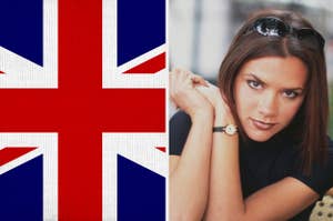 Split image with UK flag on the left and a woman with sunglasses on her head posing on the right