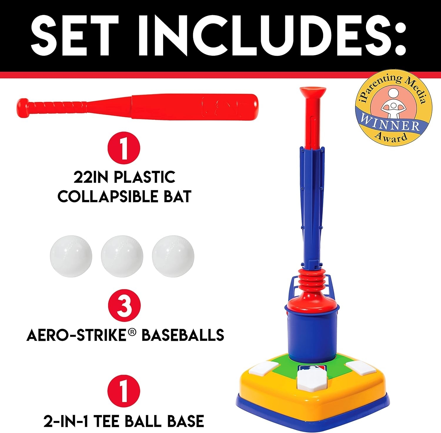Plastic baseball set with collapsible bat, three balls, and 2-in-1 tee base