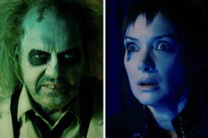Split image of the Joker looking menacing and a female character with a concerned expression, in dramatic lighting