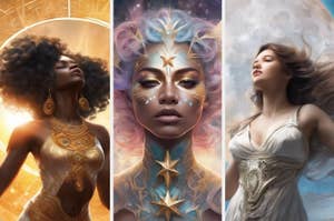Three fantasy art portraits of women, each embodying celestial themes with ornate adornments