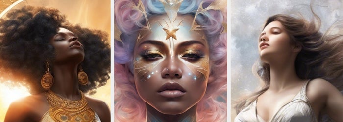 Three fantasy art portraits of women, each embodying celestial themes with ornate adornments