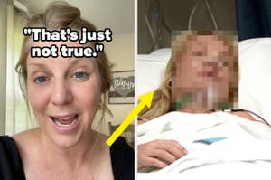 Woman on the left appears in a casual video frame, speaking, while on the right, the same woman poses confidently in medical scrubs. Text: "That's just not true."