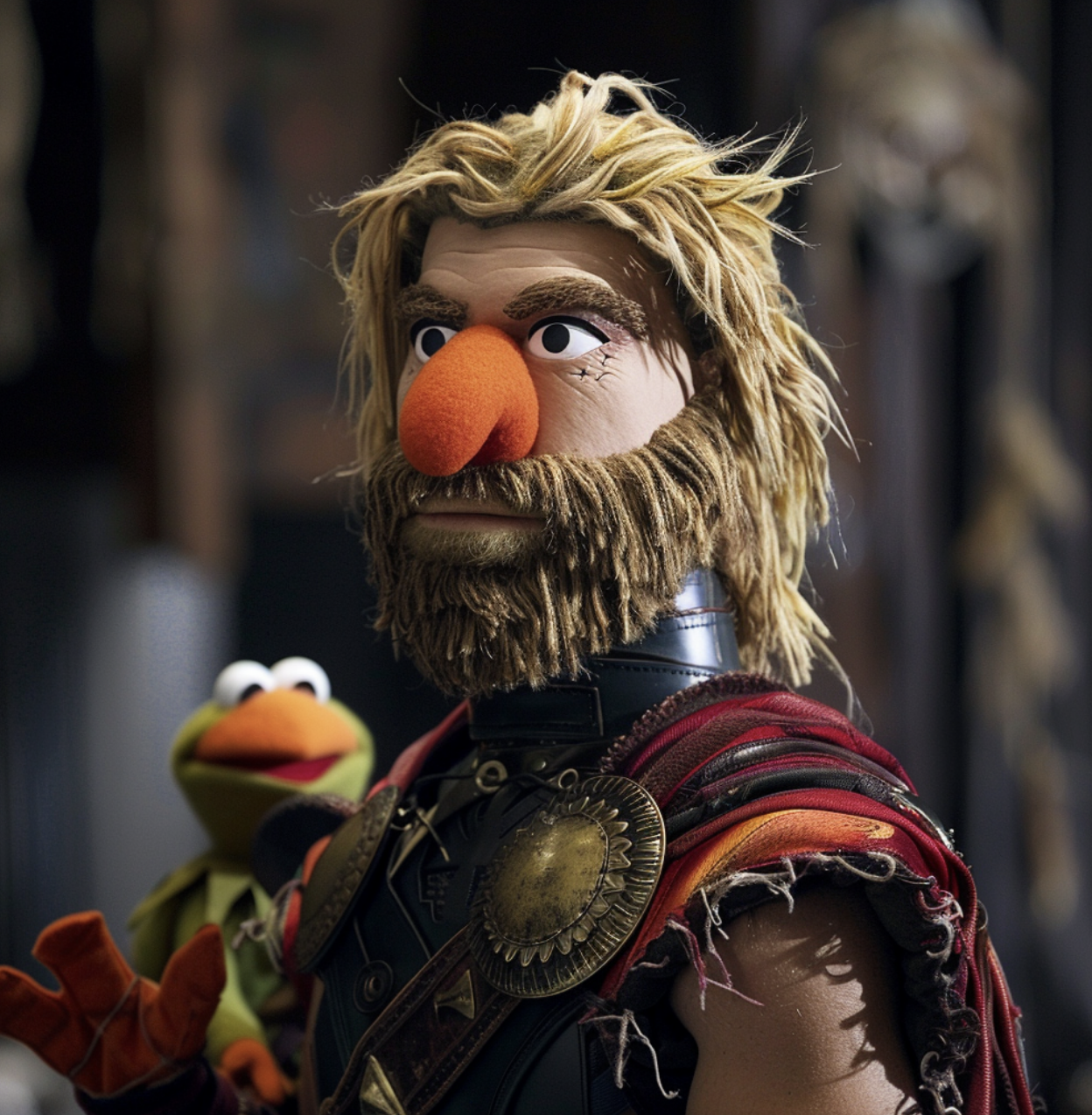 A warrior-clad Muppet resembling a Viking, with long, scraggly beard and large nose