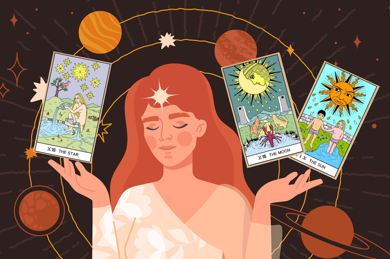 Illustration of a woman with tarot cards (The Star, The Moon, The Sun) floating around her and planetary bodies in the background