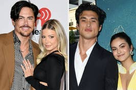 Two photos side-by-side of two celebrity couples posing at events