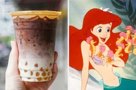 Person holding a bubble tea and animated Ariel with fish friends from The Little Mermaid