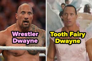 Collage of Dwayne Johnson as a wrestler and in a tooth fairy costume