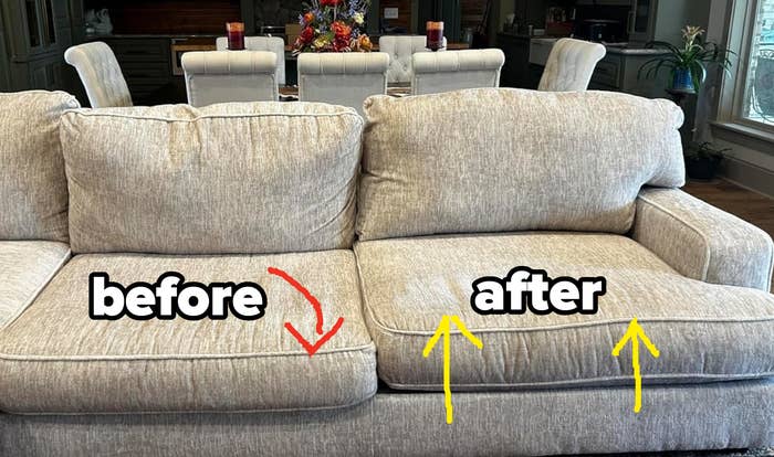 Couch with cushion before, slouching and slipping off the couch, and the cushion next to it after, looking new and firm