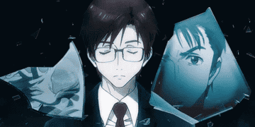 Shinji Ikari de &quot;Neon Genesis Evangelion&quot; con gafas, reflexiones de su rostro en fragmentos de cristal