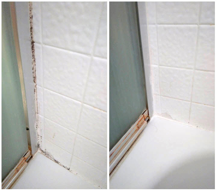 Before and after images of a shower corner, the first with mold and the second cleaned