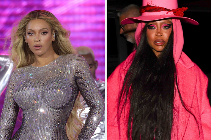 Beyoncé in a glittering bodycon outfit on stage; Naomi Campbell wearing a bright hooded coat and hat at an event
