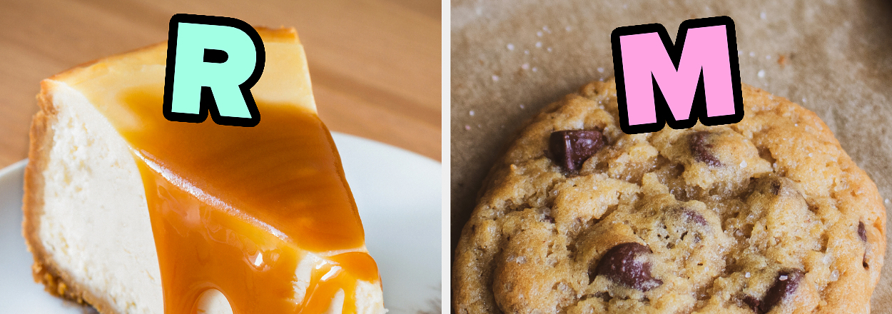On the left, a slice of cheesecake topped with caramel labeled R, and on the right, a chocolate chip cookie labeled M