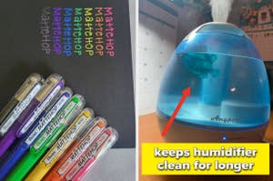 A photo showing a collection of colorful markers next to a notepad, and a humidifier with a note about extended cleanliness
