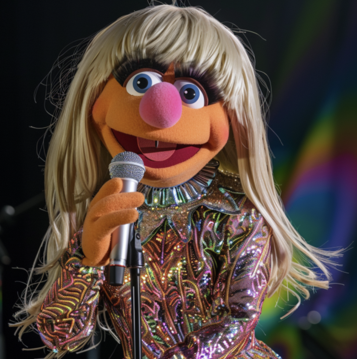 Muppet Taylor in a sparkling outfit holding a microphone, appearing to sing