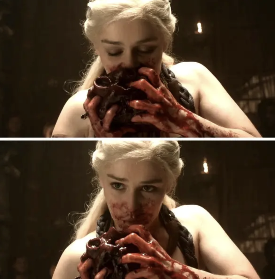 Daenerys from Game of Thrones holds a heart with her hands and takes a bite, with blood on her face and hands