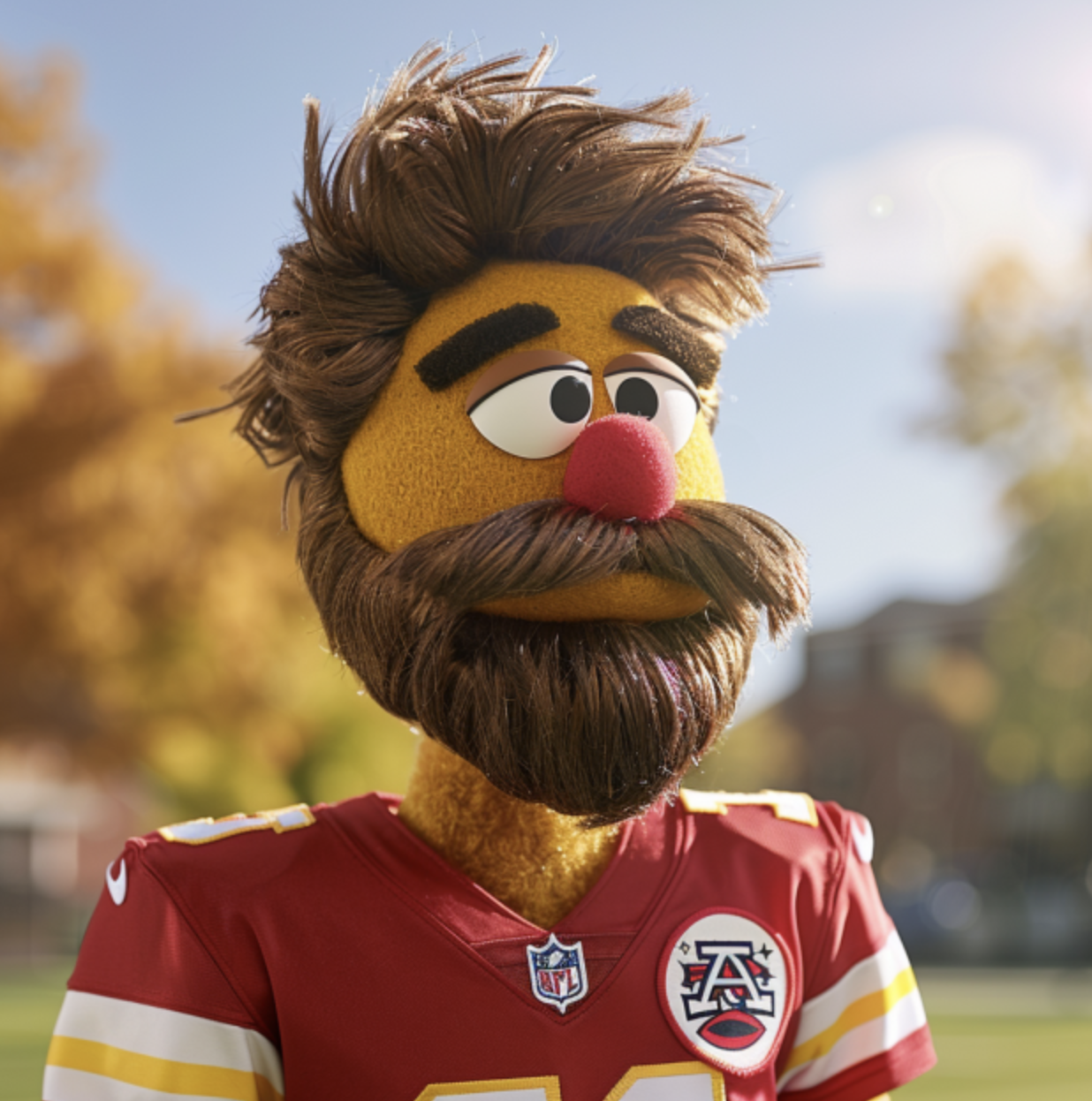Muppet with heavy beard and thick mustache wearing a Kansas City Chiefs football jersey