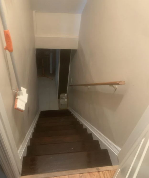 Narrow staircase leading down with a handrail on the right and light switches on the left