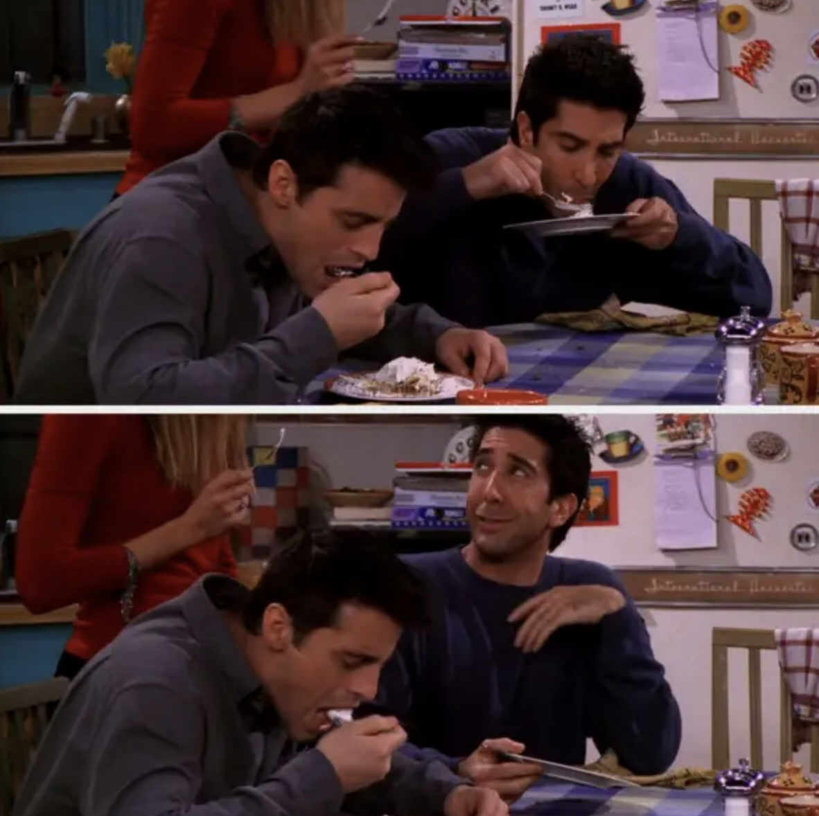 Ross and Joey from Friends eat dessert at a kitchen table, showing a humorous moment