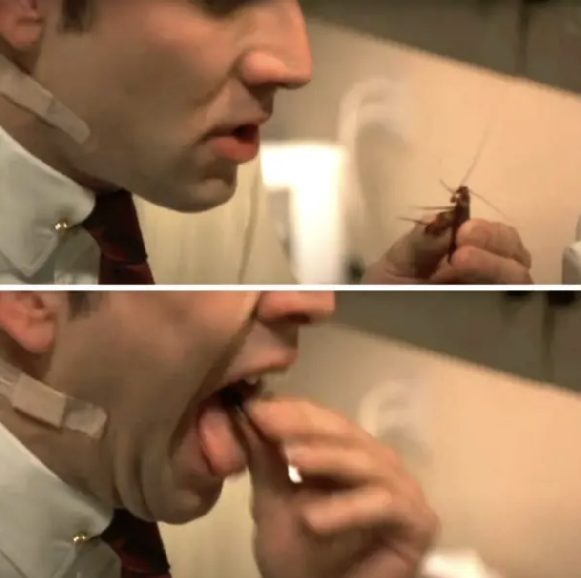 in a scene from the movie, Nic puts a cockroach in this mouth