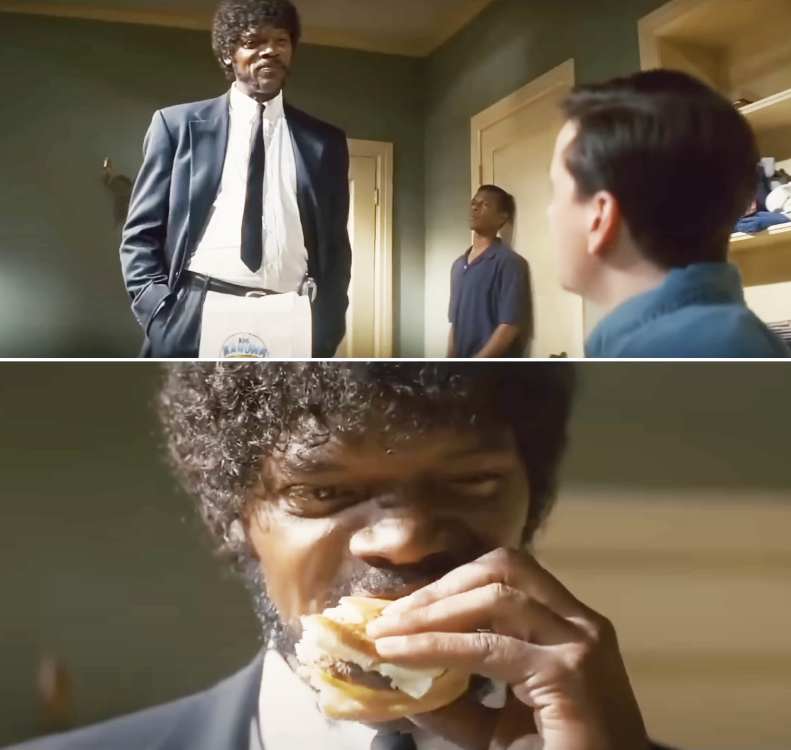 Jules Winnfield from &quot;Pulp Fiction&quot; stands in a kitchen with a bitten burger, tension between him and another character