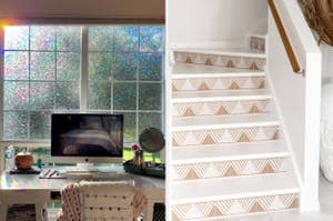 Two interior home scenes: left with a desk by a window, right with stairs featuring decorative risers