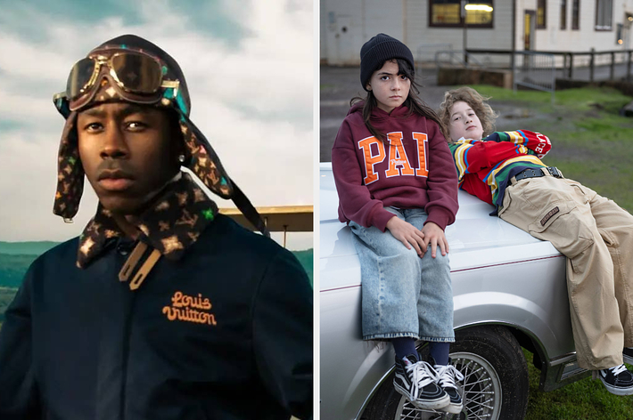 Left: Man in a pilot cap and Louis Vuitton jacket. Right: Two youths sit on a car wearing casual attire