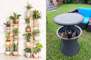 Wooden corner shelf with plants; outdoor round table with hidden cooler