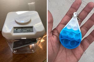 a lock box with a phone inside; a blue water drop-shaped hydration tracker