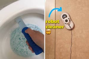 a reviewer sticking a toilet stamp into the toilet bowl; a robot cleaner on a wall