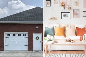 A split image: left side shows a house with garage door; right side interior scene with couch and decorative pillows