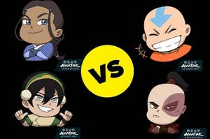 Four characters from Avatar: The Last Airbender, Katara, Aang, Toph, and Zuko, posed for a versus graphic
