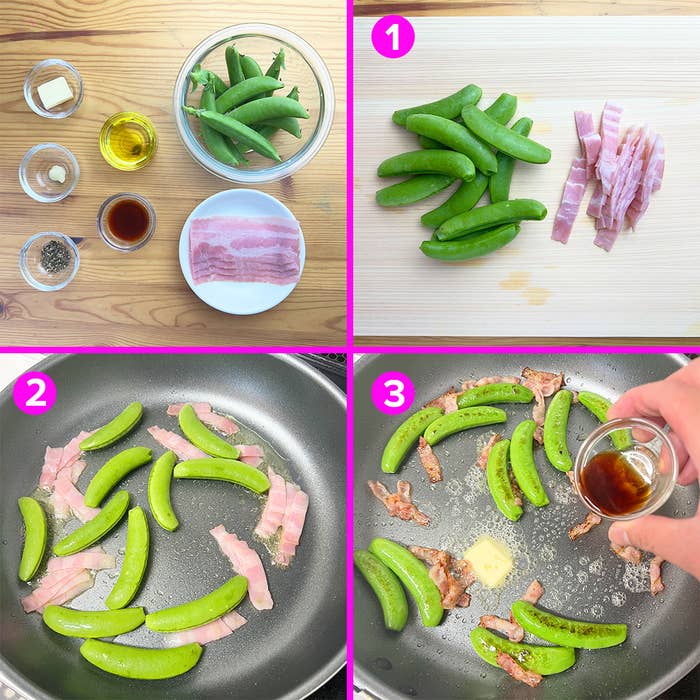 調理手順を示す4枚の画像：上段は材料のスナップエンドウとベーコン、下段はフライパンでの調理過程です。