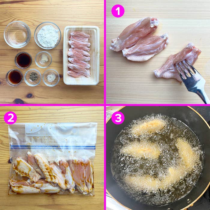 鶏肉を調理する手順を示す画像。1.調味料と鶏肉 2.鶏肉をマリネ 3.フライパンで揚げる工程。