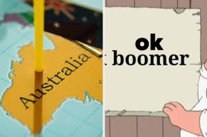 A pencil points to Australia on a map; cartoon Lisa Simpson holds a sign saying "ok boomer."