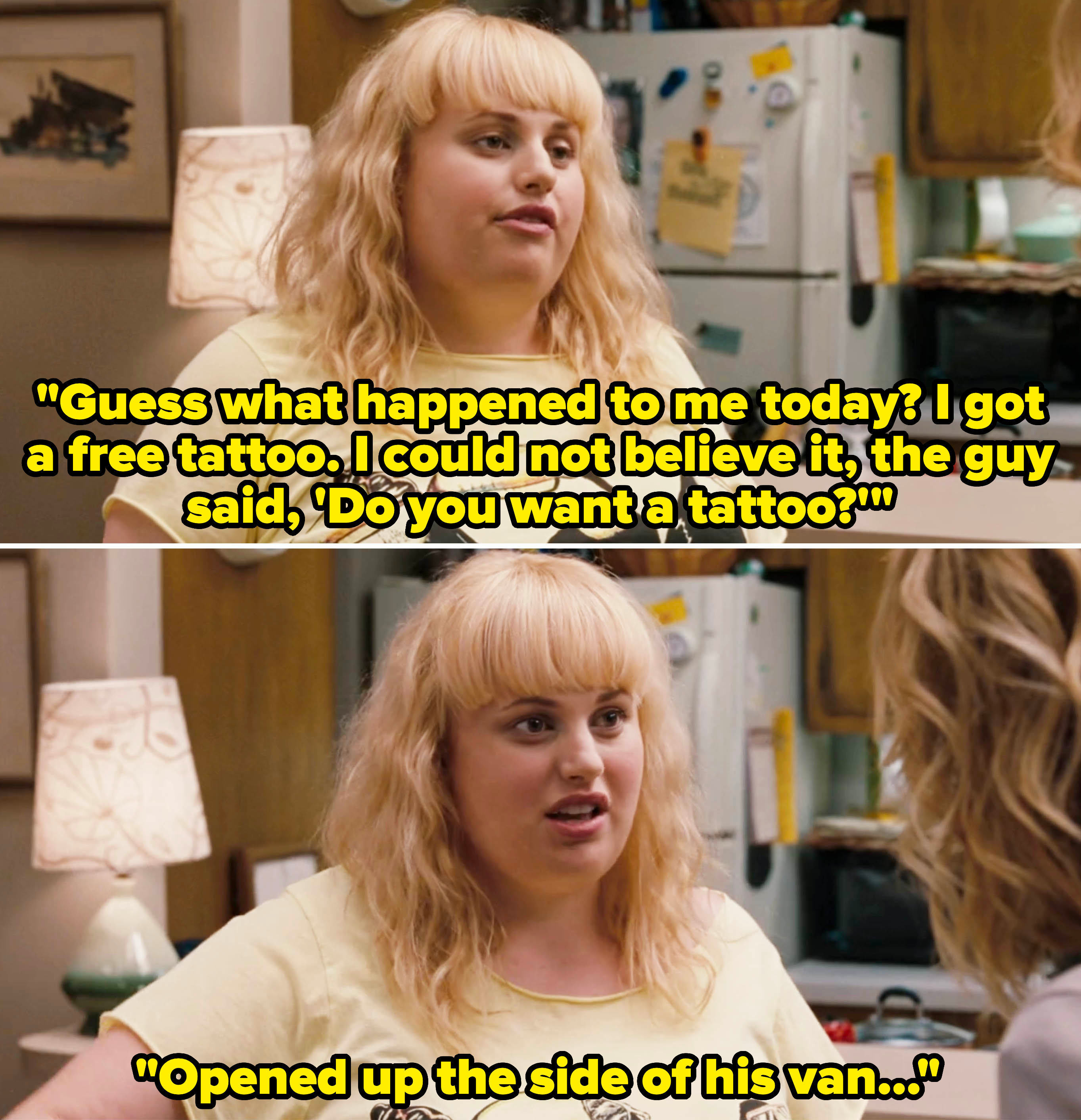 Brynn in Bridesmaids talking about the free tattoo she got