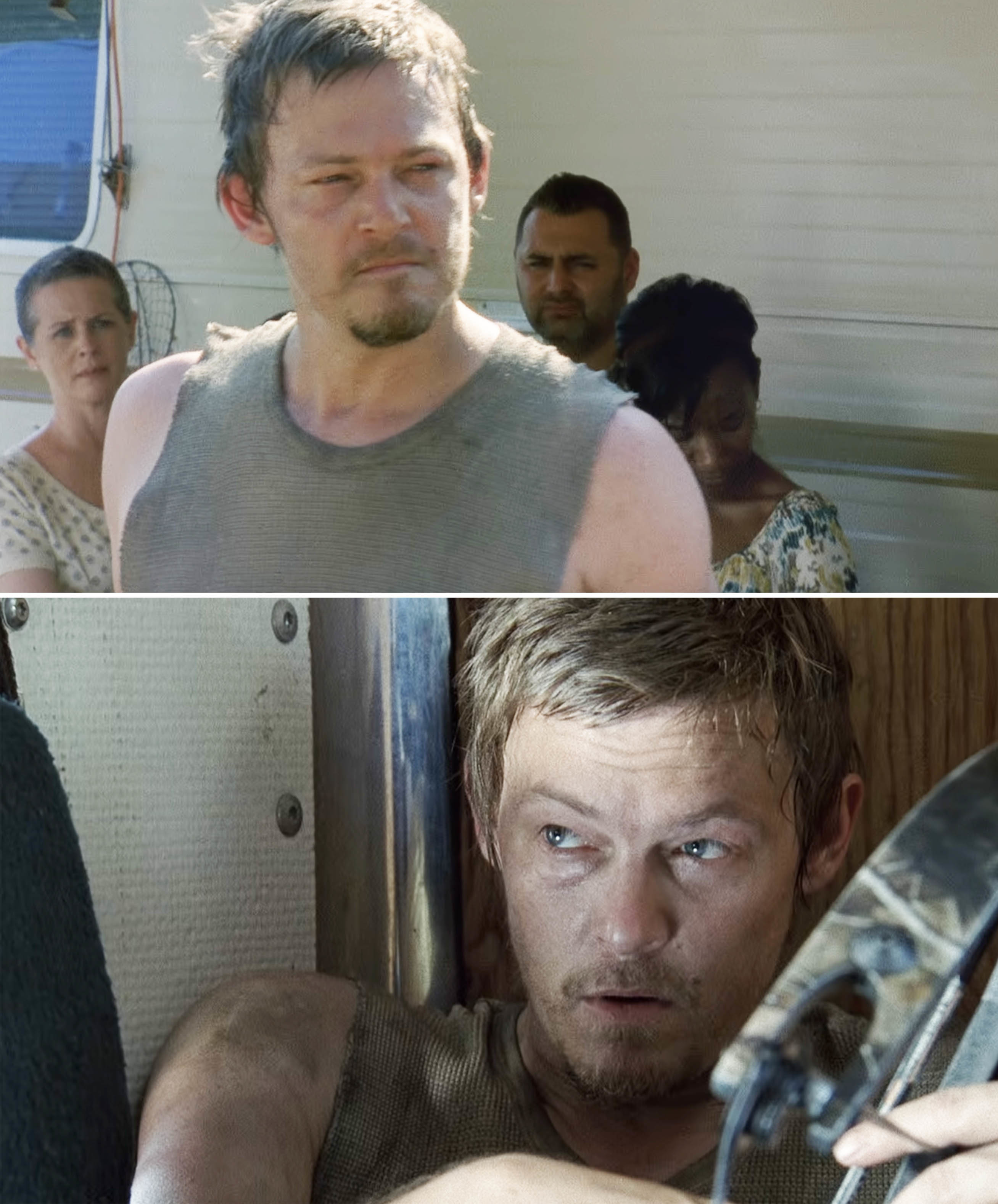 Norman Reedus as Daryl Dixon in &#x27;The Walking Dead&#x27; looking intently, with other characters in the background