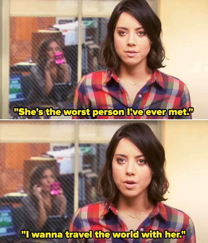 April Ludgate from &quot;Parks and Recreation&quot; saying, she&#x27;s the worst person i&#x27;ve ever met, i wanna travel the world with her
