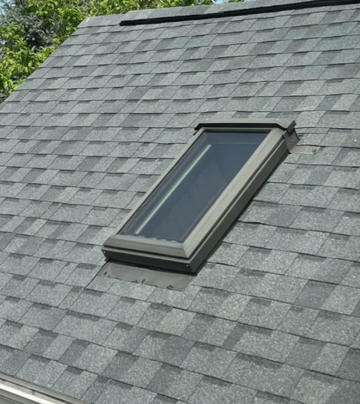 Skylight window installed on a slanted shingle roof against a backdrop of trees