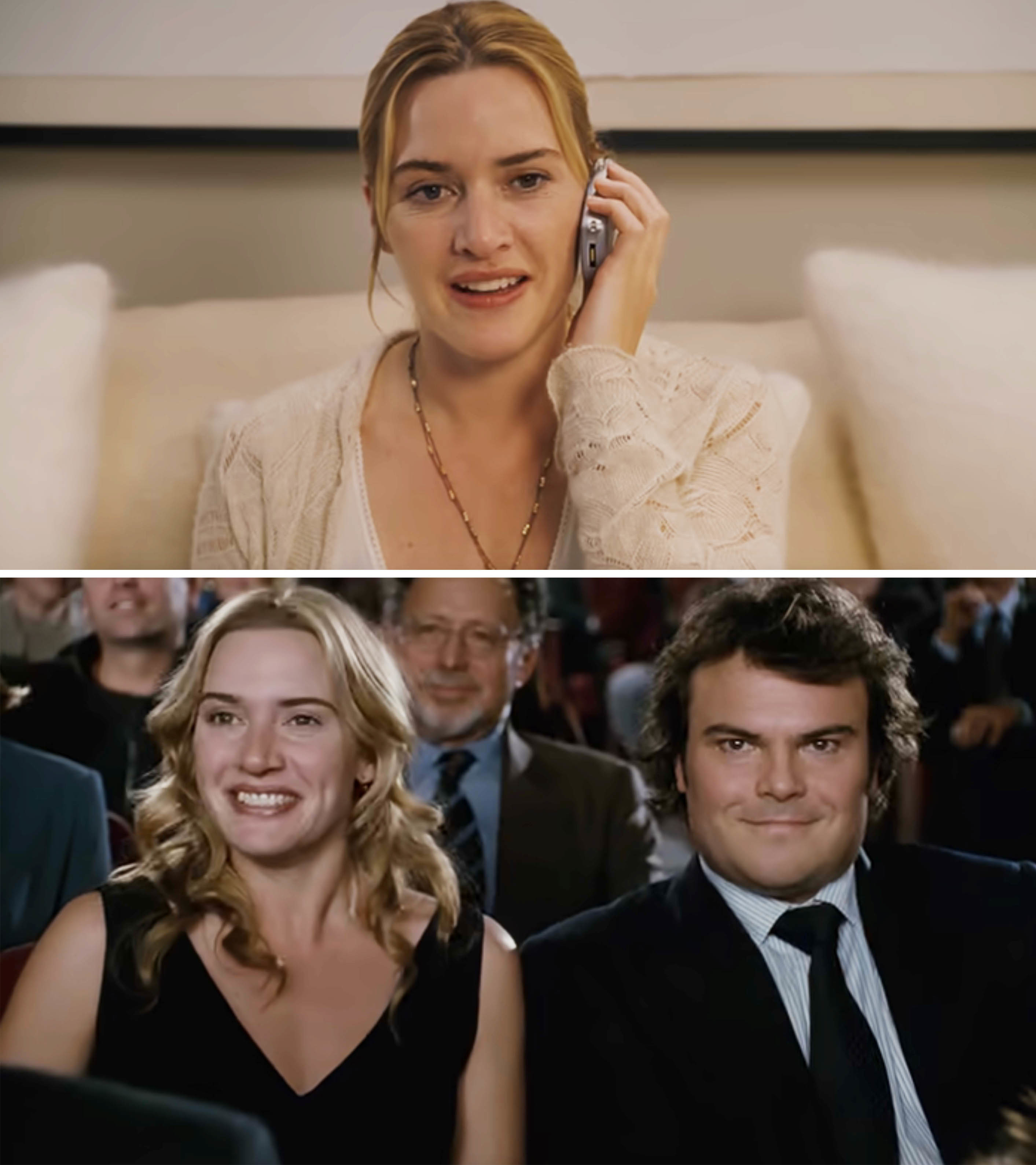 Kate Winslet in two scenes from a film, top with phone, bottom laughing next to Jack Black in The Holiday
