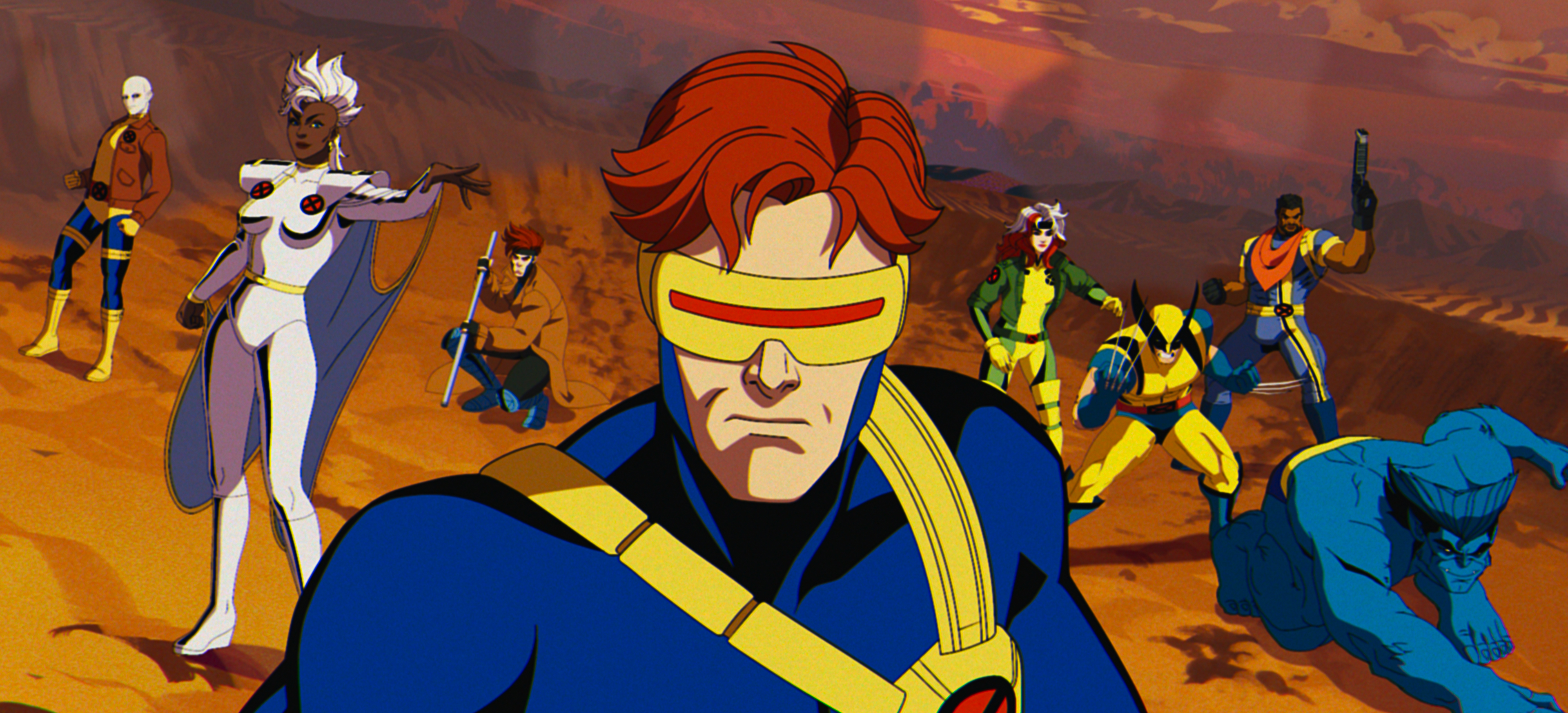 Animated X-Men characters standing heroically, including Cyclops in the center