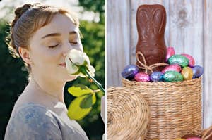 On the left, Daphne from Bridgerton smelling a rose, and on the right, a wicker basket with chocolate eggs and a chocolate bunny