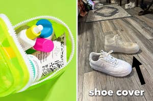 One white shoe and one shoe covered with a disposable shoe cover on a wooden floor, text "shoe cover" with an arrow pointing to it