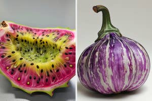 Two halves of different exotic fruits, one resembling a star, the other rounded with stripes